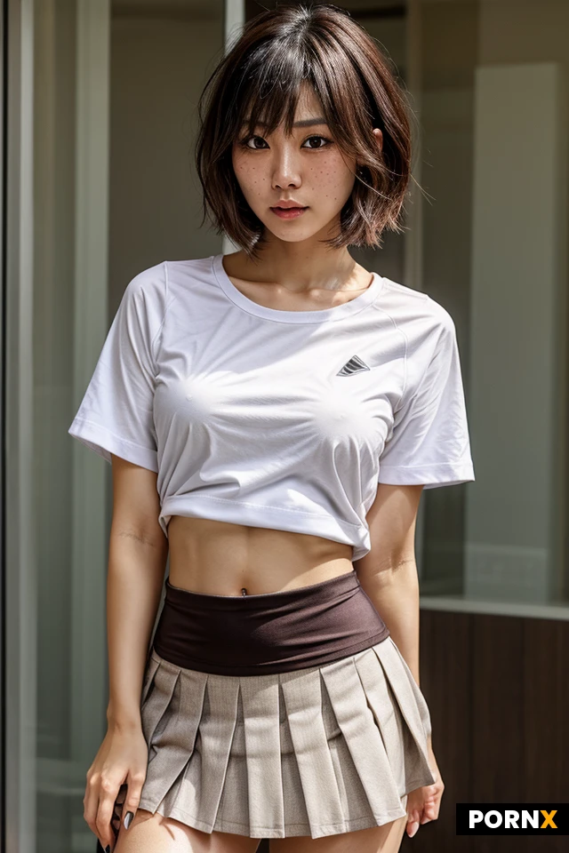 Japanese woman, short messy dark brown hair, slight freckles across her nose, sharp intense brown eyes, cold expression, medium breasts, narrow waist, athletic body, She is wearing a white shirt and a dark pleated skirt.