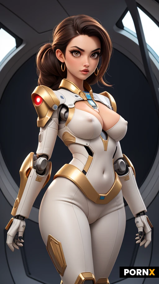 Spanish, beautiful face, brunette hair, hair pulled back, long wild hair, hair pulled back, perfect round Breasts,large breasts,firm perky breasts,fierce look, cleavage, curvy, tanned skin, (nude breasts:1.2), small nipples, wide hips, (spaceship), (mech Armor:1.2), white armor with gold accents, 3/4 view,