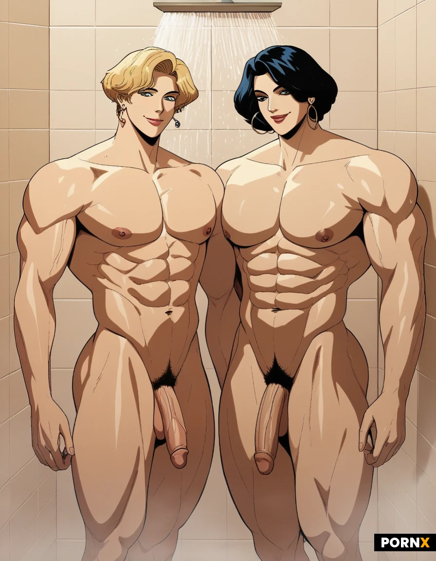 Anime. Pecs. Buff. Muscular. LGBTQ queer. Medium bangs hair. Tall. Broad. Smile. Lats. Glamour. (Morphed god body). Crossdresser. Tall. Small cock naked. Two friends. Shower