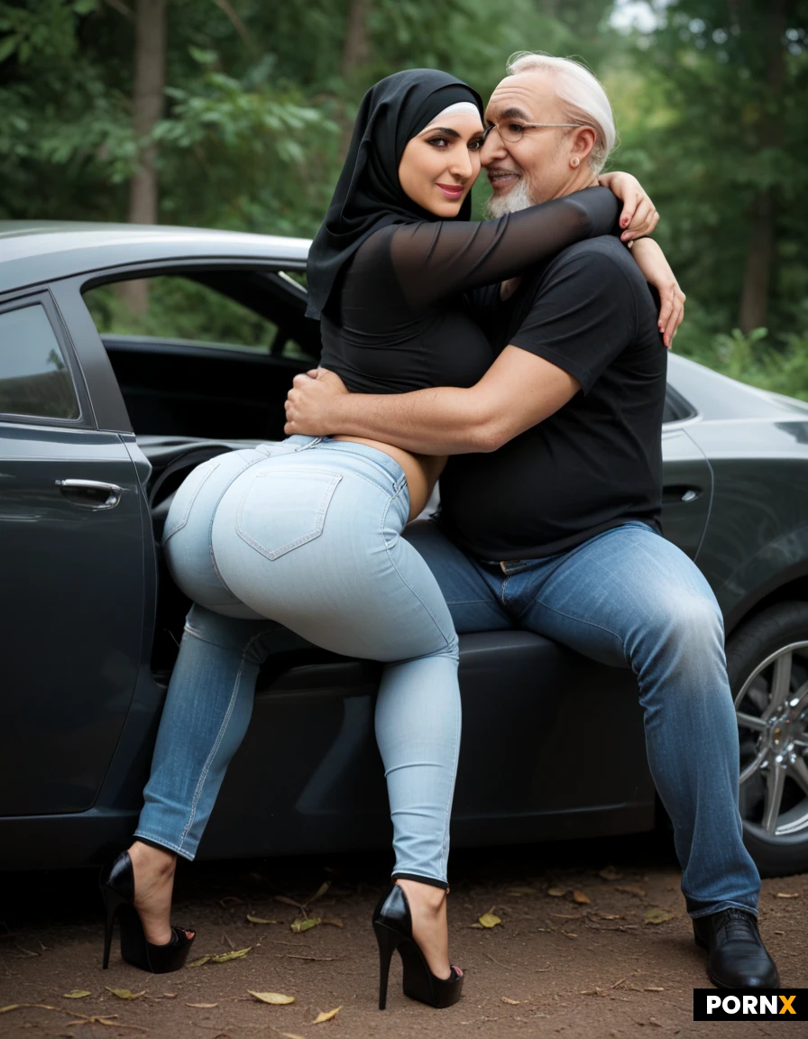 Hijab, skinny body, belly ,nose pericingpiercing,pretty, petite,naturell,blue eyes,Jeans,Plattform High Heels, blouse,very big huge ass,,chilling,old man black Haar, ,hug ,whiteJeans,Black tshirt,sitting,car,forest,dark