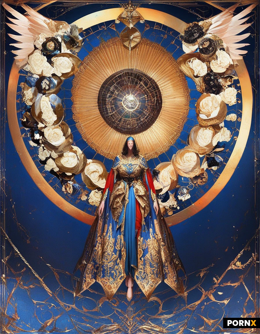 high definition, pretty angle woman, floating in the air, pale stern face framed by ornate metallic hood, intricate golden filigree. Heavy sharp-angled gold and steel pauldrons, layered weather-worn white and cream tunic robes. Massive rigid stylized metallic wings with geometric feather plates. Holding a tall sacred glowing rod. Dark moody medieval background ,detailed face, detailed eyes, dynamic angle