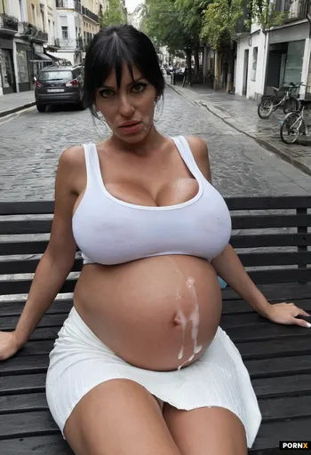 Walking by Pregnant woman with giant tits sitting on a Street bench