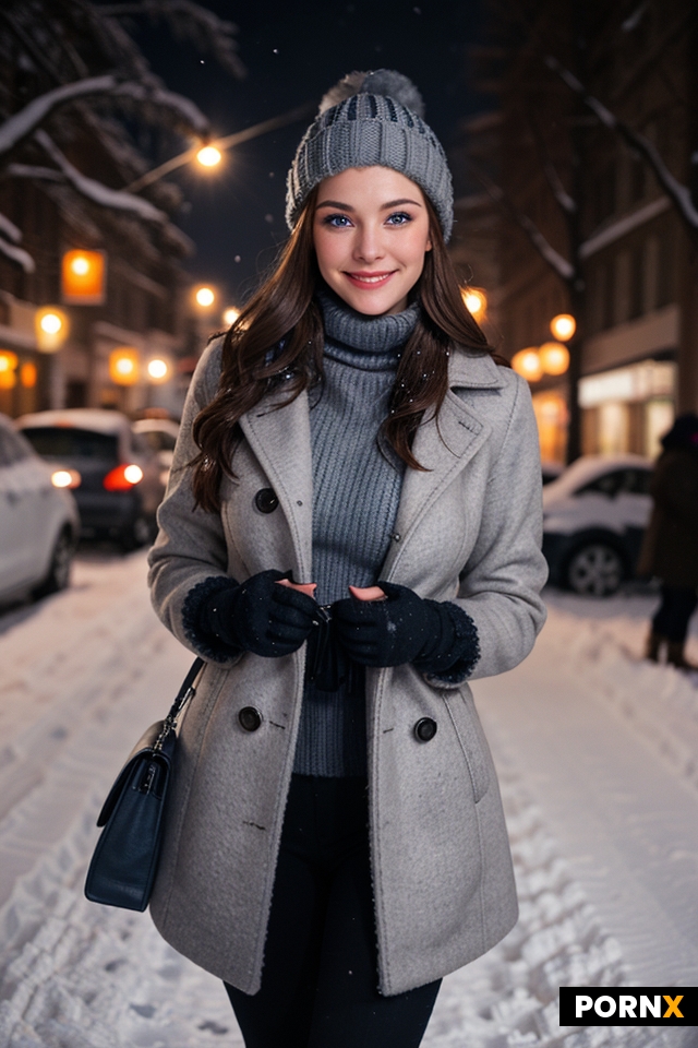 An woman walking toward the camera on a snowy night street