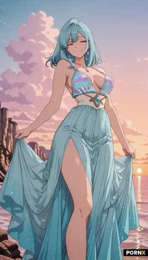 An elegant adult woman with cascading aqua-blue hair that shimmers like seafoam