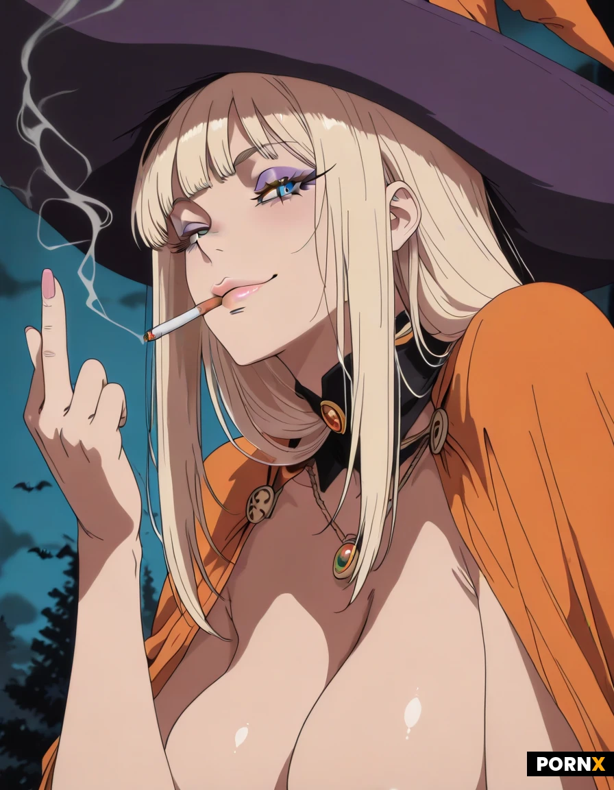 HANNA: Sexy Halloween scene. Many Halloween motifs. Close-up of the flawless face and big buxom torso of a beautiful 20-year-old light-blonde Caucasian woman with long straight hair and blue eyes. She has lavender eyeshadow and attractive mascara on her eyelashes. The very important centerpiece of the visual feast is her upward-pointing cigarette. Her lips hold the cigarette. She has used her lips to position the cigarette so that it is pointing upward at an angle. (The cigarette is not dangling.) Wispy plumes of smoke curl through the air. The cigarette enhances the scene's impact because it is pointing upward at angle. The cigarette's tip is glowing reddish-orange. The woman's name is HANNA. Therefore, the woman is wearing a gold necklace from which hangs a large & prominent pendant that shows the five letters of her name. Her name is HANNA. So, her large pendant says HANNA in five big conspicuous gold letters. The expression on her face shows she loves to smoke. HANNA is outdoors, nude, and the sun is shining brightly. The sunshine illuminates the woman's light-blonde hair. Her complexion is a healthy golden-orange tone. Her cheeks are rosy. HANNA is smiling just a bit. She has a sly and suggestive smile. She appears as a very buxom and busty Halloween witch. She is nude except that she wears a traditional witch hat on her head and an orange witch cape that is fastened around her neck. She is enjoying her cigarette a lot. She holds the cigarette between her lips at an upward pointing angle. She is in a feisty & saucy mood. She uses her middle finger to make the gesture of flipping the bird in a playful manner. Her cigarette is in her mouth.