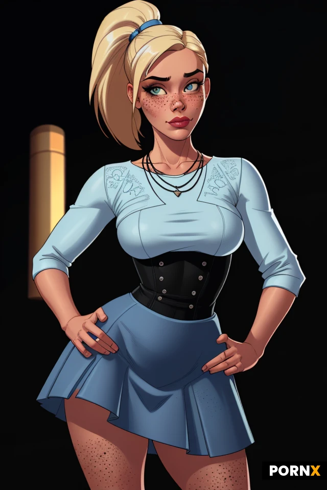 1girl, standing before a black background, busty, cute face, freckles, ponytail, blond hair, Adorable face, sky blue skirt, small silver top, necklace, funny, posing for a model photo, looking at camera, seducing, perfect hands, highly detailed, octane render, cinematic, highly detailed and intricate, rich deep colors, hips up picture
