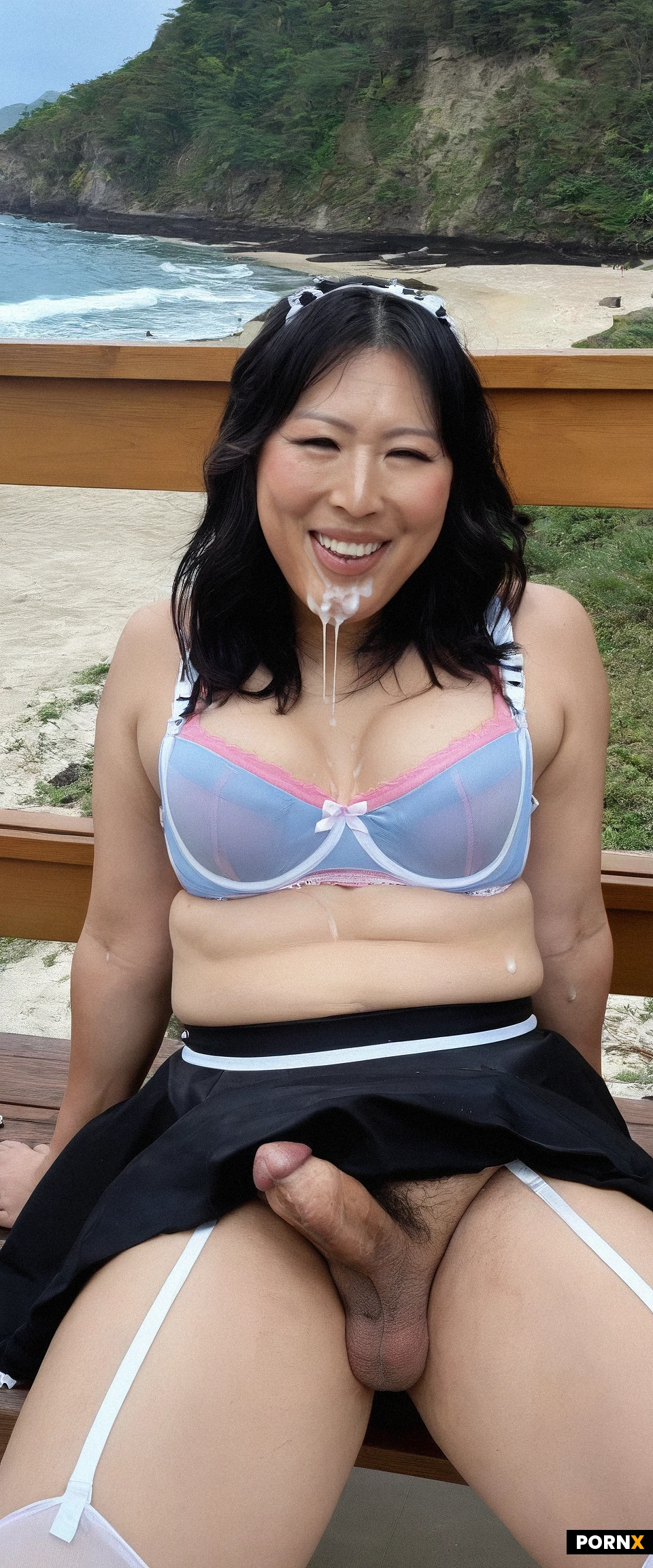 A cute futanari Japanese girl, asian face, flaccid cock, sitting on railing with a cute and happy face, shaved penis, cum in mouth, front view, open mouth, beautiful face, (fat: 1.4), (downblouse: 1.1), on a beach Oceanside, low angle, white pantyhose, legs spread, showing anus, maid outfit, drenched with cum, dripping cum, small breasts, cleavage, transparent beige ribbon harness, light blue tank top, pink bra, big ass
