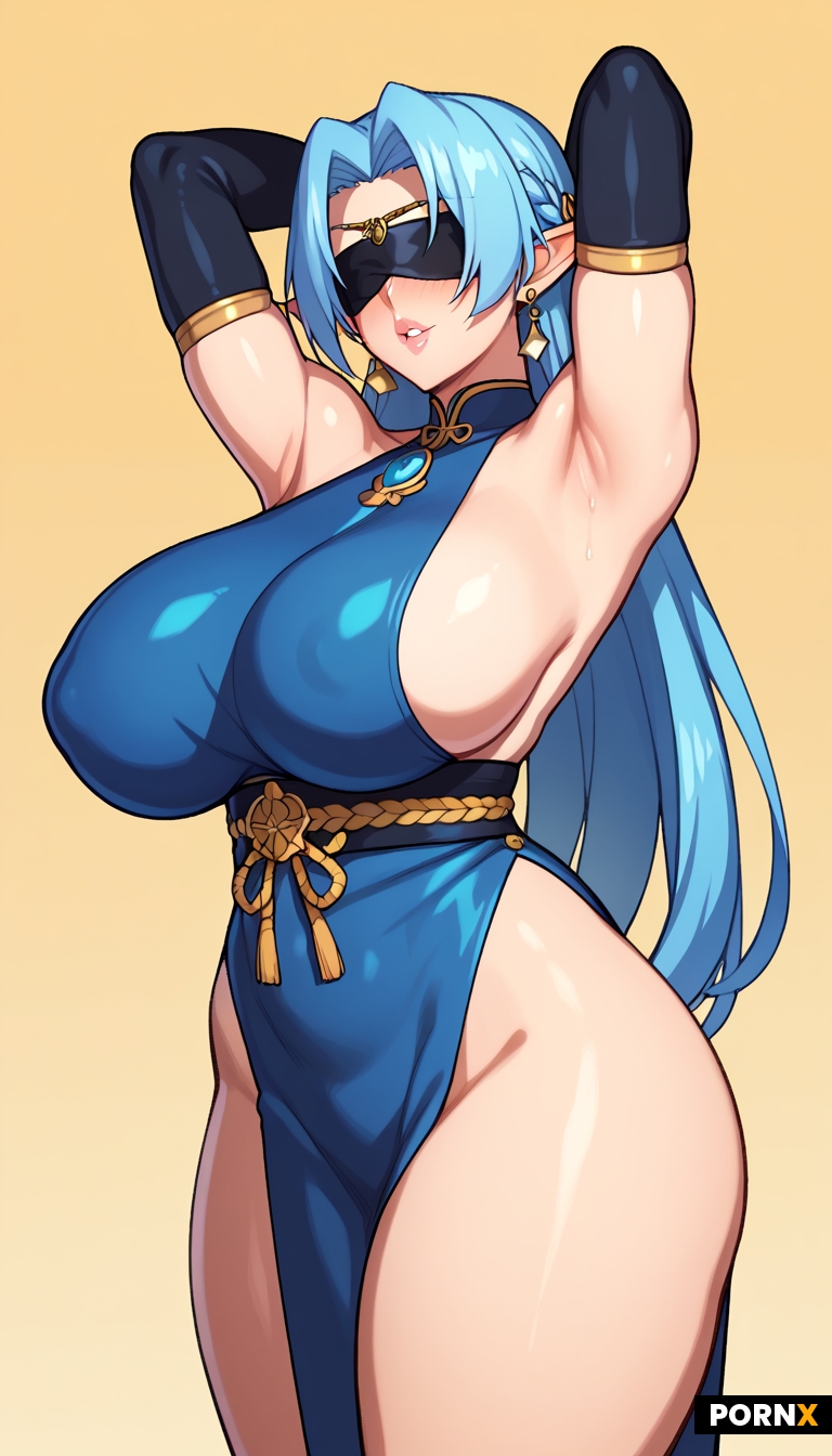 1girl anime_screenshot armpits arms_up black_dress black_gloves blindfold blue_hair