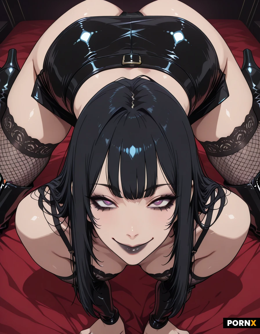 model:X_Vision, styel:Defualt, masterpiece, best quality, highres, absurdres, 1girl, solo, black_hair, long_hair, big_eyes, gorgeous_face, on_all_fours, spread_legs, from_behind, close_up, tight_leather_skirt, fishnet_stockings, lace_bra, thong, leather_boots, long_nails, goth_makeup, smile, happy, ultra_close_up