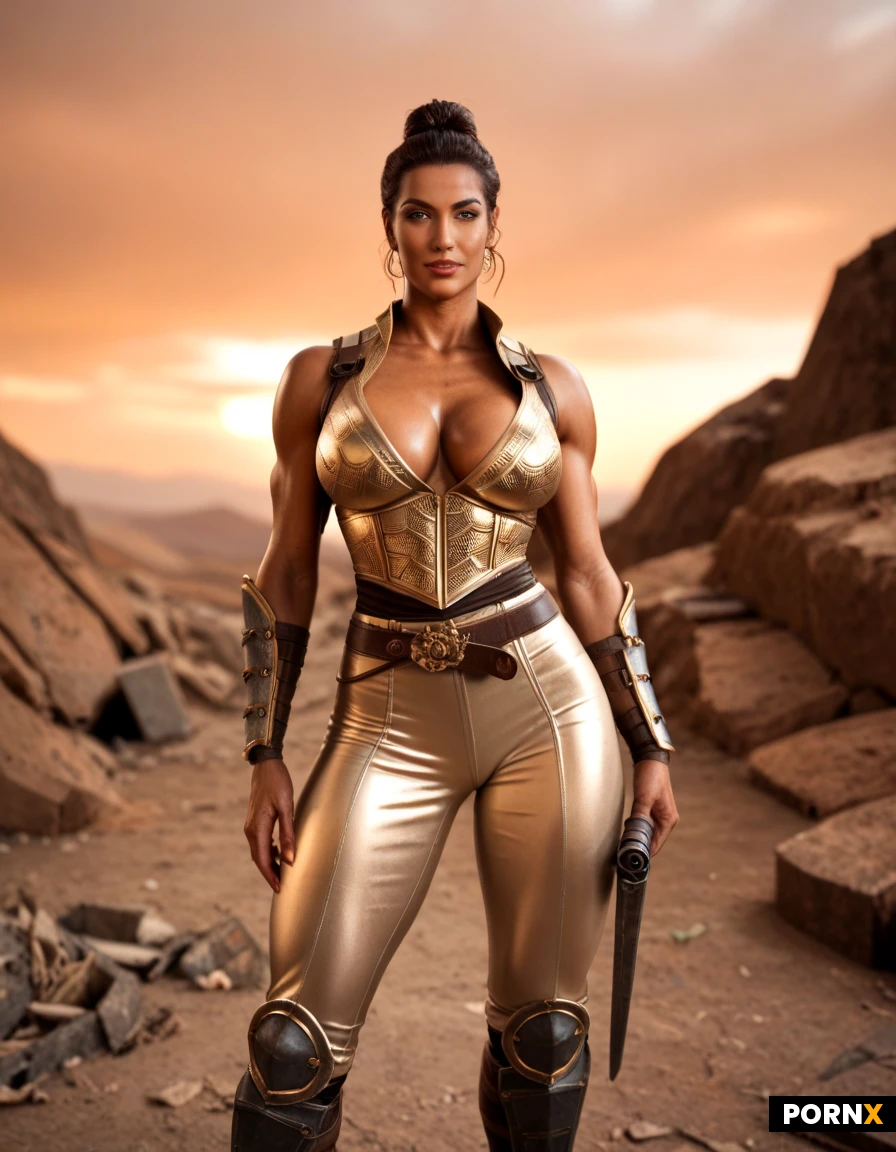 beautiful mature woman, dark hair in space buns, tanned olive skin, large natural breasts, post-apocalyptic wasteland, ruins, dust, orange sky, Athletic warrior’s build, medium height, warm tan complexion, expressive brown eyes, strong defined eyebrows, long copper-red hair pulled back into a tight high updo, loose strands framing the face, practical and battle-ready appearance, fitted white jumpsuit forming the base of her outfit, metallic copper and gold-toned armor layered over the torso and shoulders, structured armored vest protecting the chest, brown straps and tactical details around the waist and thighs, fitted light-colored pants allowing freedom of movement, reinforced red boots reaching toward the lower legs, protective bracers around the forearms, utility-style belt and side equipment, gold and copper detailing throughout the armor, classic warrior aesthetic updated with a more grounded futuristic design, confident upright posture, poised and athletic movements, overall appearance blending royal-guard authority with a practical fantasy-warrior style