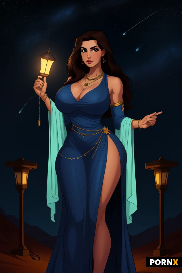 masterpiece, best quality, highres, absurdres, solo, 1girl, genie, middle_eastern, long_hair, dark_hair, big_breasts, wide_hips, curvy, jewelry, necklace, wrap_dress, holding_lamp, standing, looking_at_viewer, seductive, mystical, desert, night, starry_sky