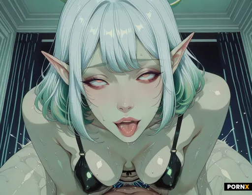 fit sexy cute pale asian woman elf with white hair with a white pixie cut and shiny skin black cuple