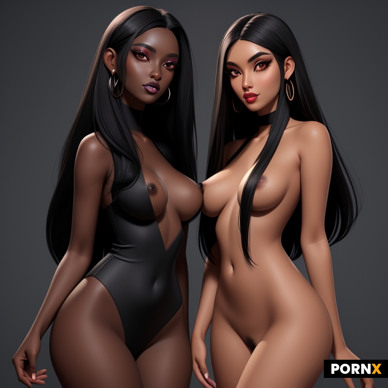 Two People Beautiful Women Asian African Black Hair Long Hair Brown Eyes Makeup Black Eyeshadow Blac