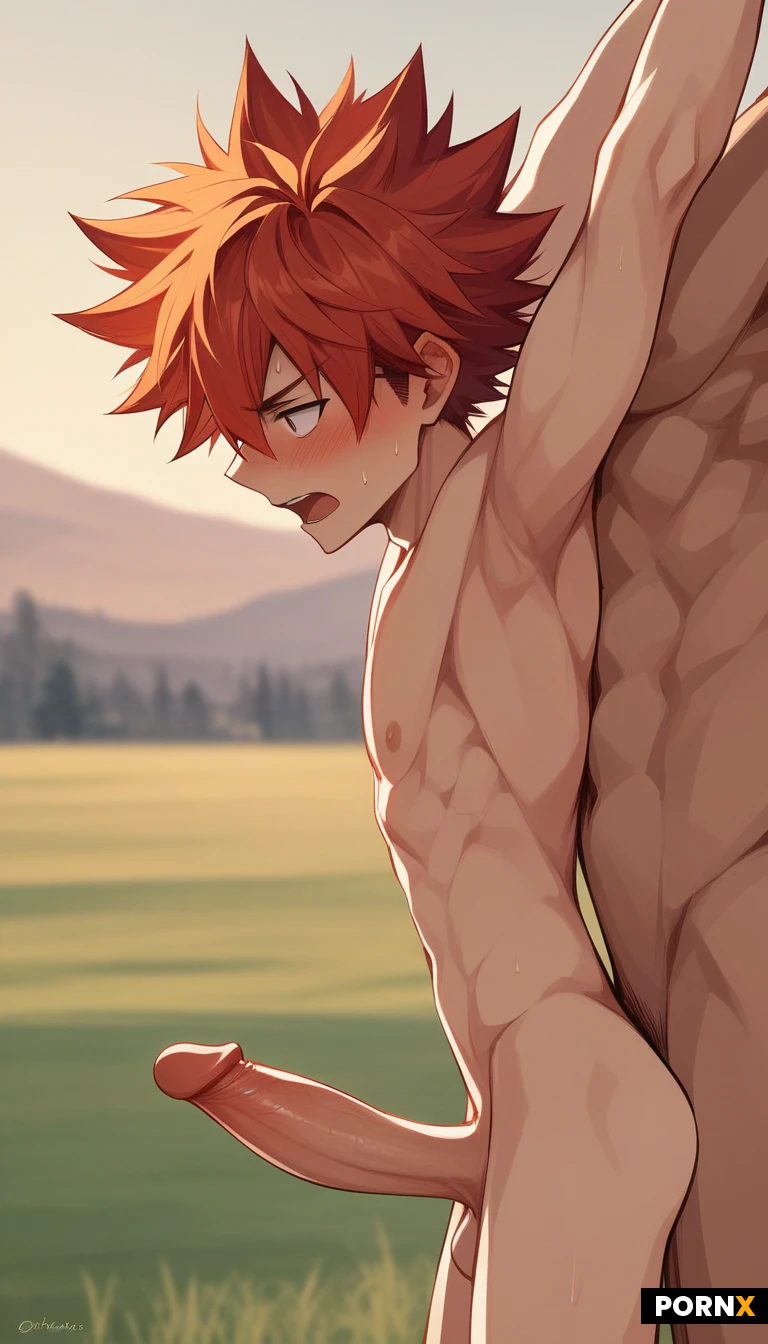 Naked man, arms up, view from ankles up,penis,mouth open, suprised,large penis,anime style, smooth lines,bold colors, side view,
Field, daylight, <lora:man:1.0>,(skinny man), shortstack fem_boy, embarrassed, redhead,spiky hair,penis