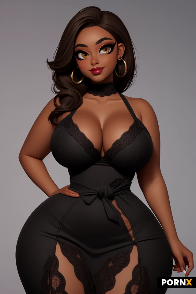 woman, dark skin, light brown hair, lots of makeup, (thick black eyeliner:1.15), (eye shadow:1.15), thick lips, earrings, (curvy:1.5), (thick:1.45), perky, tight, firm, (wide hips:1.5), (narrow waist:1.475), lipstick, (large eyes:1.1), (amber eyes:1.1), lace dress, smirk, portrait