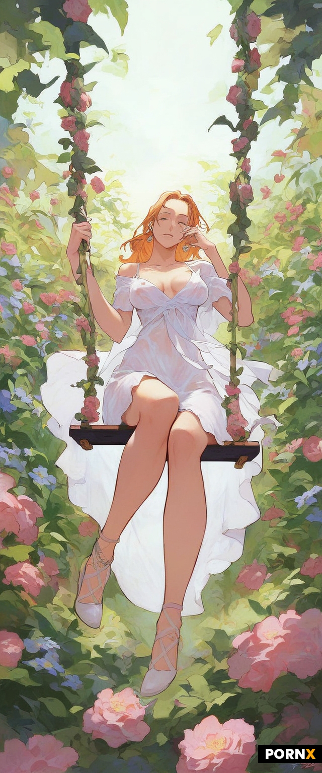 One piece anime style woman sitting on swing in a garden
