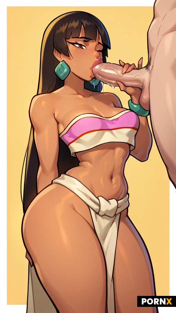 One woman, Latina, 18 years old, medium breasts, wide hips, medium ass, slim waist, hip lines, loincloth,long dark hair, bangs hair style, skinny, fit, El Dorado, tits, blowjob, cock[