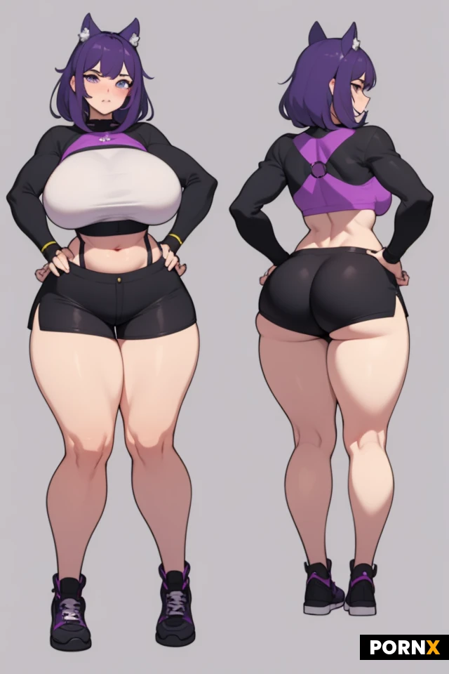 Make a big booty femboy. Make it in an anime style Make his thighs ginormous, his hips ginormous, and his ass ginormous. Make him wearing black, tight booty shorts with purple rims and a black, tight crop top with purple rims.