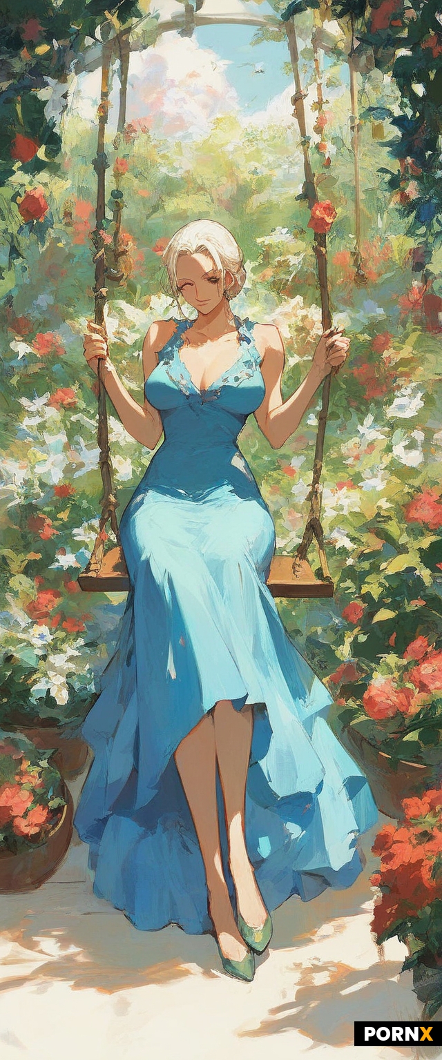One piece anime style woman sitting on swing in a garden