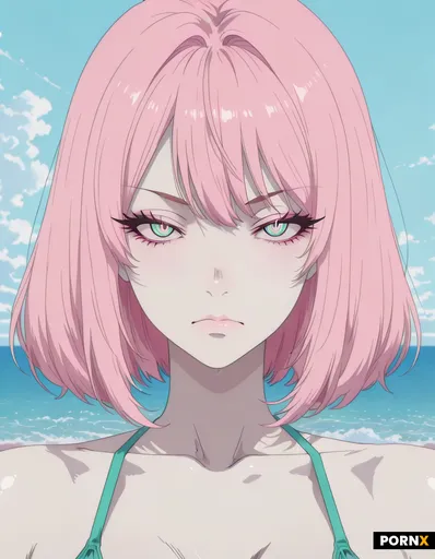 A close-up portrait of a female anthropomorphic character with pale yellow skin and voluminous pink
