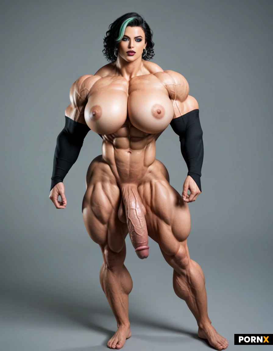 futa, futanari, 7'4", 785 lbs, tall, towering, tan skin, huge muscles, enormous muscles, inhumanly massive muscles, black hair, green streaked hair, short hair, wavy hair, blue eyes, pretty, beautiful, model looks, long eyelashes, high cheekbones, oval face, full lips, sharp jawline, feminine face, emo, goth, punk, silver earrings, strong neck, gigantic traps, huge tits, enormous breasts, big boobs, large breasts, broad shoulders, strong shoulders, muscular deltoids, big biceps, enormous biceps, veiny biceps, thick biceps, left arm tattoo sleeve, full arm sleeve, muscular triceps, thick forearms, veiny forearms, feminine hands, ripped, eight pack abs, six pack abs, v-line, small waist, tiny waist, feminine waist, feminine hips, big butt, round butt, feminine butt, strong butt, thick legs, strong legs, long legs, muscular legs, muscular quadriceps, thick calves, muscular calves, vascular, veiny muscles, nude, naked, hard cock, erect cock, 14 inch cock, jerking off, completely naked, erection,