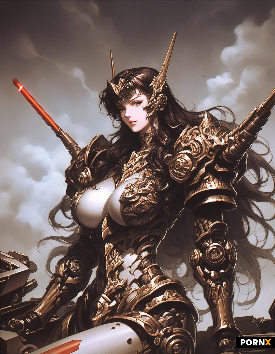 high definition, sexy mecha style woman, dark long hair, curved body, pretty face, big breast armor, tight black and white mechanical body armor, mechanical leg armor, mechanical wing, laser style weapon, look at viewer, aggressive pose, background, research facility, drone, flame, smoke, detailed face, detailed armor, detailed background, close up view