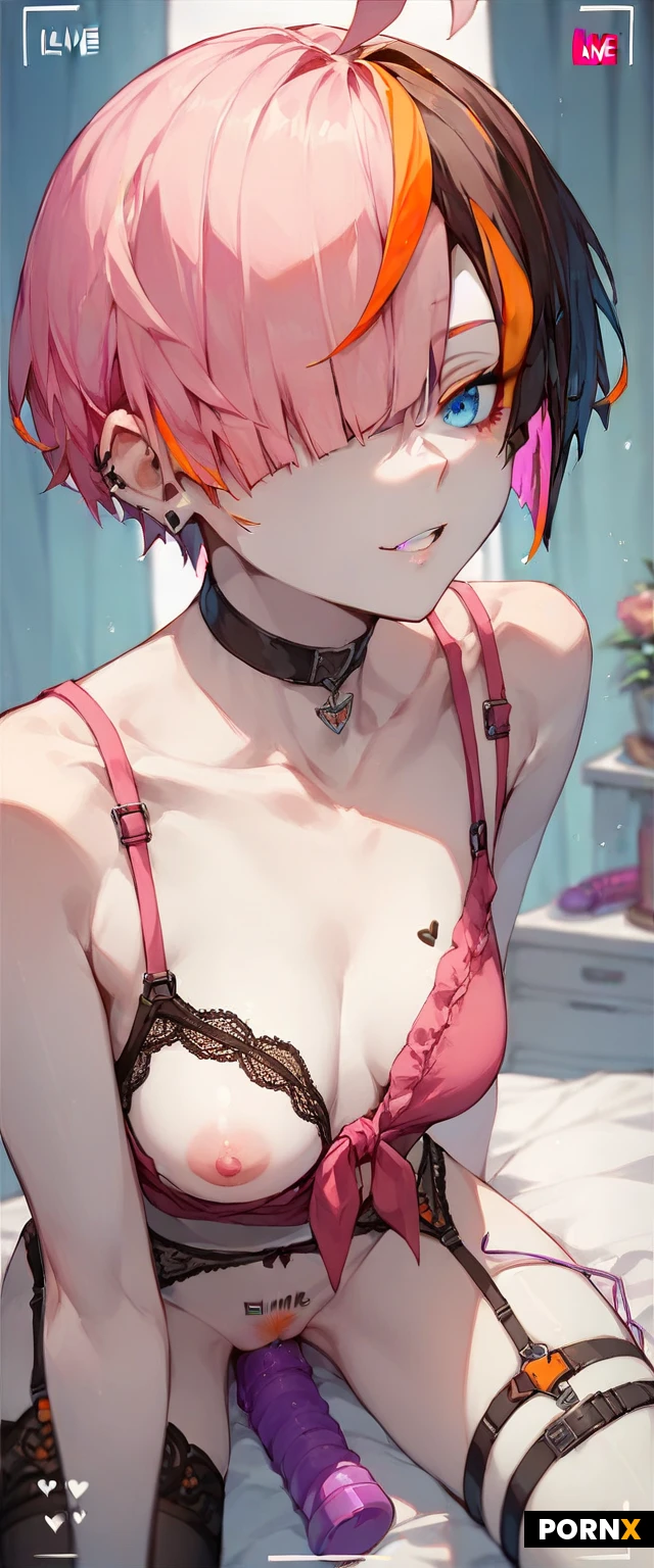 score_9,score_8_up,score_7_up,
((german,(himecut hair),asymmetric bangs,((pink hair with black sidehead)),(tied orange highlights),blue eyes,
,one eye covered
,Female,cute,(horny),((pale ceramic skin:1.2)),highly detailed face,highly detailed eyes,smeared mascara,highly detailed nipple,curious,good view,incredibly detailed,professional colorgraded,advanced shadows,meticulously created,perfect masterpiece,black background,close,dutch angle,((asymetric))dappled light,realistic texture,advanced physiks,((beautiful hair)),sloped aparted breasts,wide hips,pink puffy nipple,big areolas,black garter belt,cute,spreading top,panty wraped around leg,trim colored pubic hair,horny gaze,intricate fabrics,lewd,lace bra,choker,ahoge,confident,vibrators,beads,tally count,in gaming room,posters,((livestream)),((fast riding on dildo)),((anal dildo)),leaking vagina,movement,moaning,