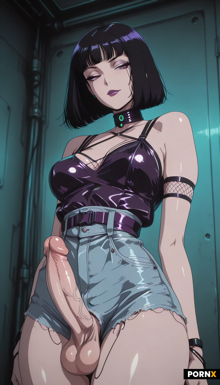 futanari, ultra-femenine, slim-body, full-body-view, seductive, busty, high-waist-jeans-shorts, small-erect-cock, testicles, mesh, intricate, one-piece, straps, sexy, edgy, black-hair, narrow-jaw, small-chin, horny-pose, kinky, vivid, dimly-lit,
