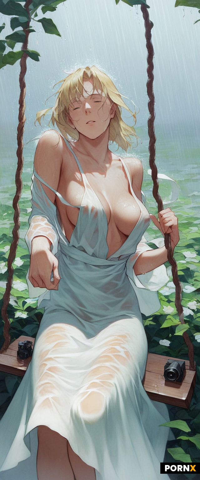 Fate stay night anime style woman sitting on swing in a garden