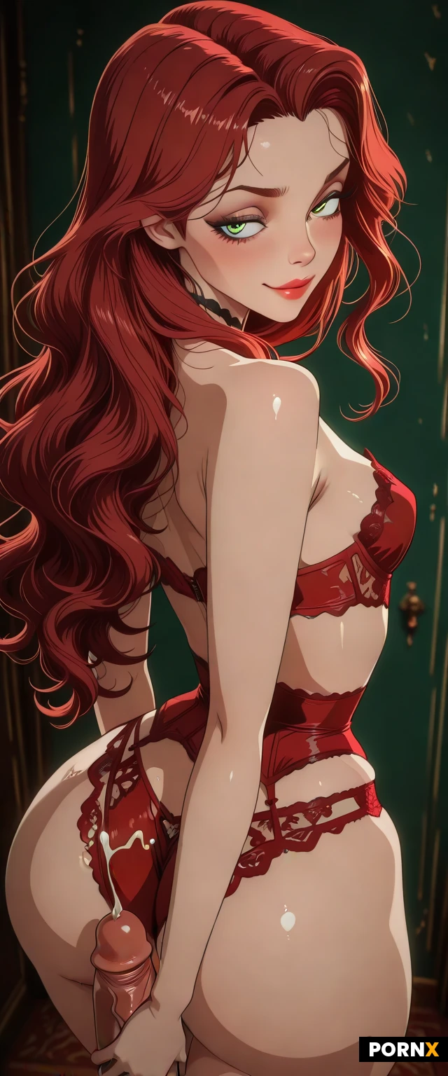 Gorgeous Woman,Russian, Cute Face, Long maroon red Hair, Wavy Hair, bright green Eyes, Big Eyes, flattered and seductive expression, Flat Chest, Wide Hips, Topless, Big Butt, Red Lingerie, Standing, Looking Back, Handjob POV Huge Dick, cumshot, Dynamic Angle