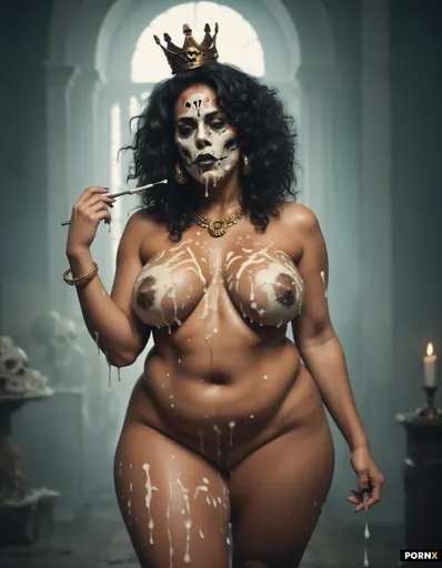 Cum covered bukkake of a naked bbw goddess with ridiculous tits