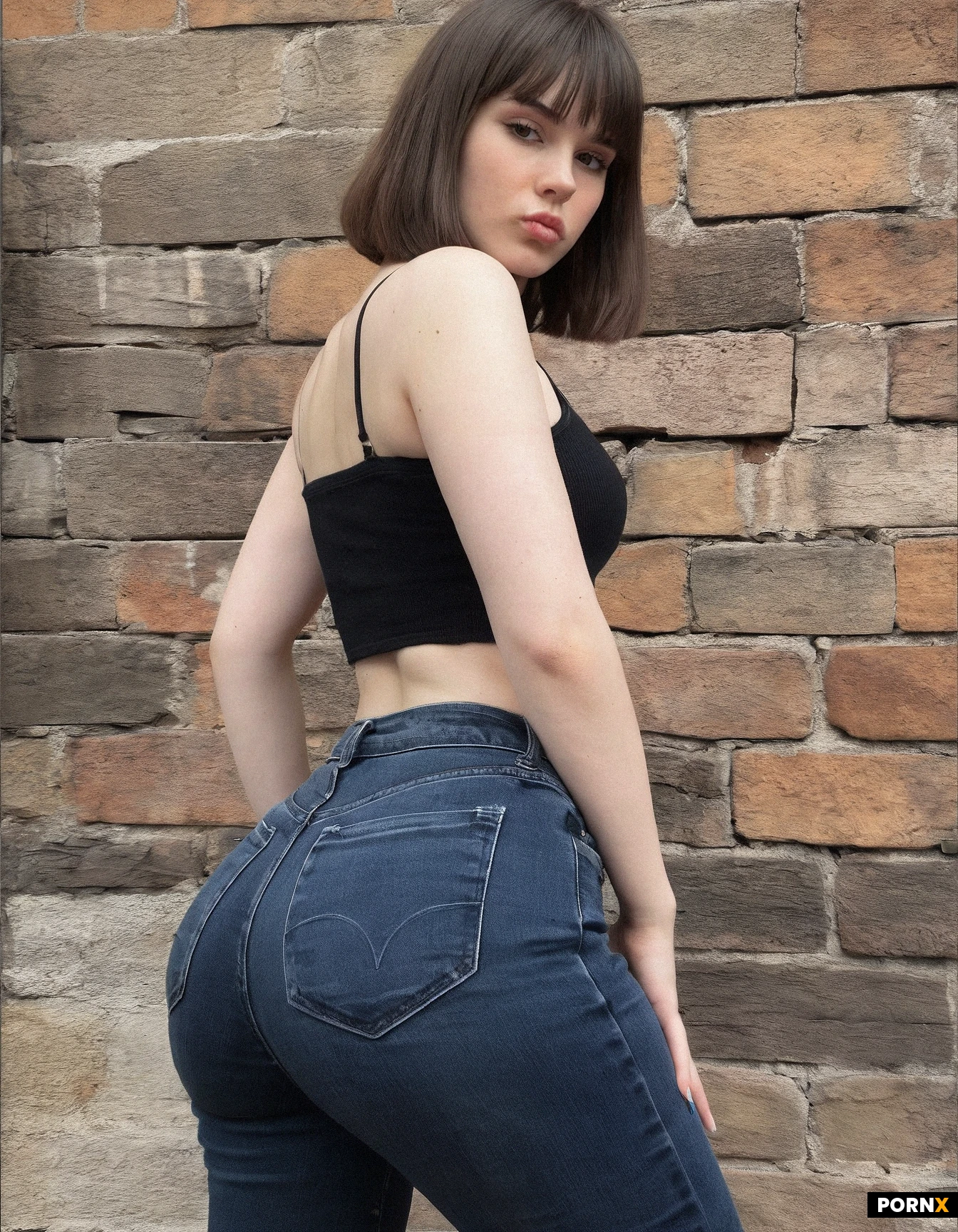 24 year old woman in jeans, cute brunette bobcut, sharp pouty features, wide hips,