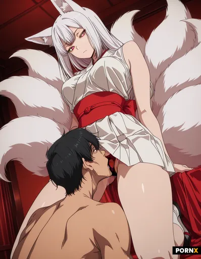 Yellow eyes kitsune fox girl 9 tails from short white skirt