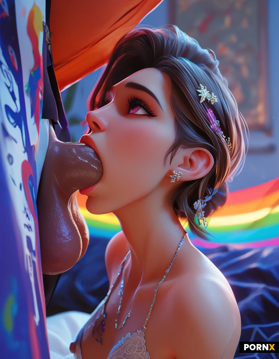 20 year old, white american woman, 20 year old, brown hair, worried face, cute face, short, skinny, small tits, laying on back, head leaned over edge of bed, upsidedown deepthroat, side view, massive thick cock