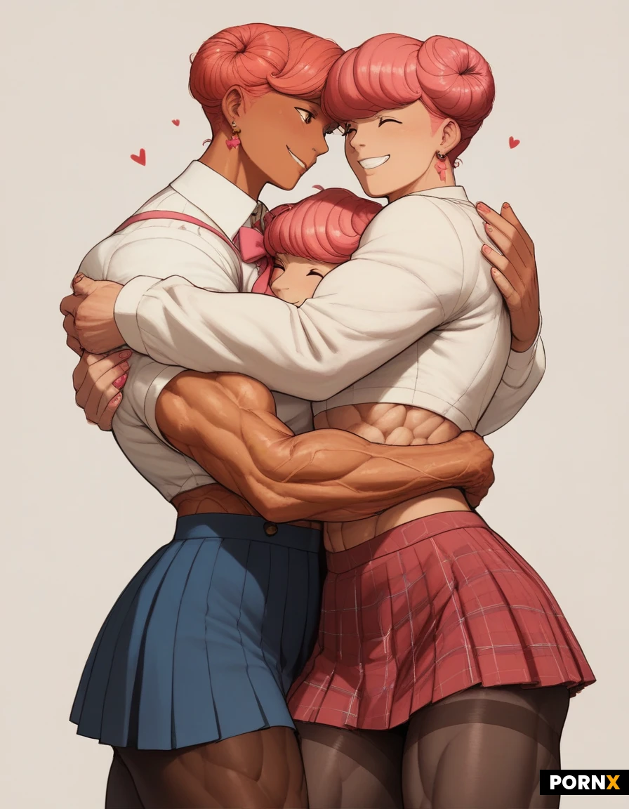 Goddess glamour. Androgynous. Skirt. Buff. Bulging veins. Bangs hair. (Muscle :1.7). Thick. Longsleeve top. Smile. Tan skin. Thighs. Pantyhose stockings. Two lesbian friends. Hug