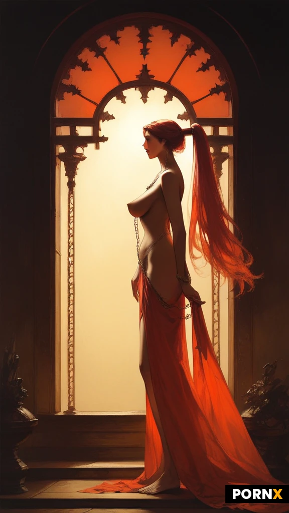 masterpiece, best quality, highres, absurdres, 1girl, huge_sagging_breasts, high_ponytail, long_hair, big_eyes, anime_eyes, standing, arched back, open_mouth, full_body, nude, body chain, wild, indoor, (backlit:1.4), (red light), profile