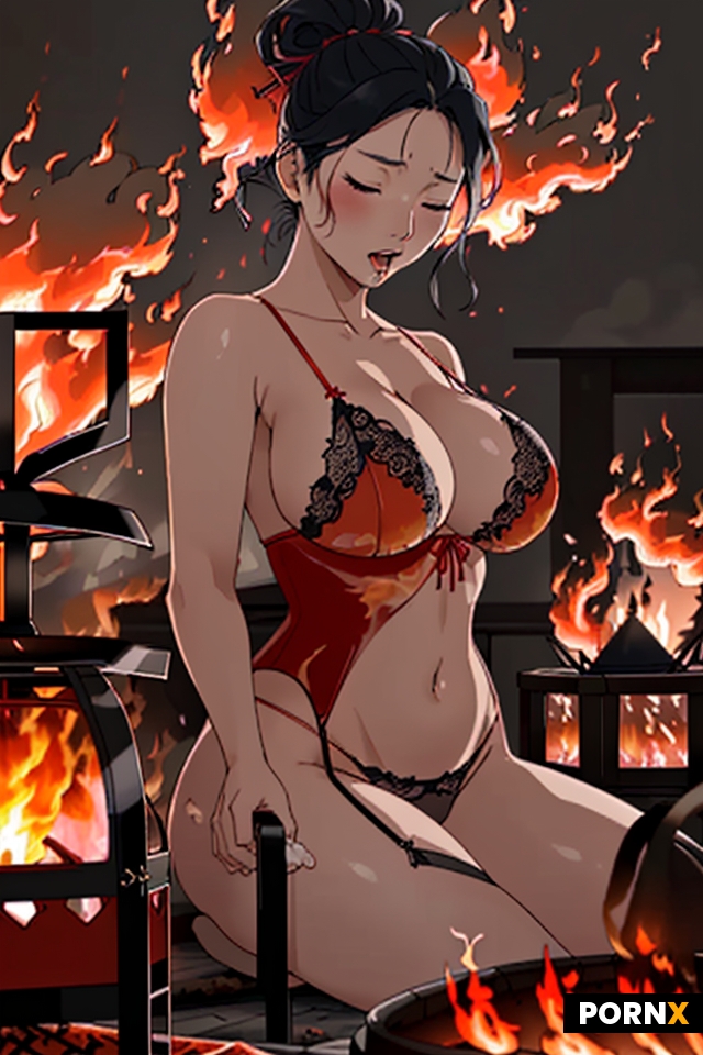 Japanese woman in shibari dangling over a raging firepit with tall engulfing flames while a Chinese 