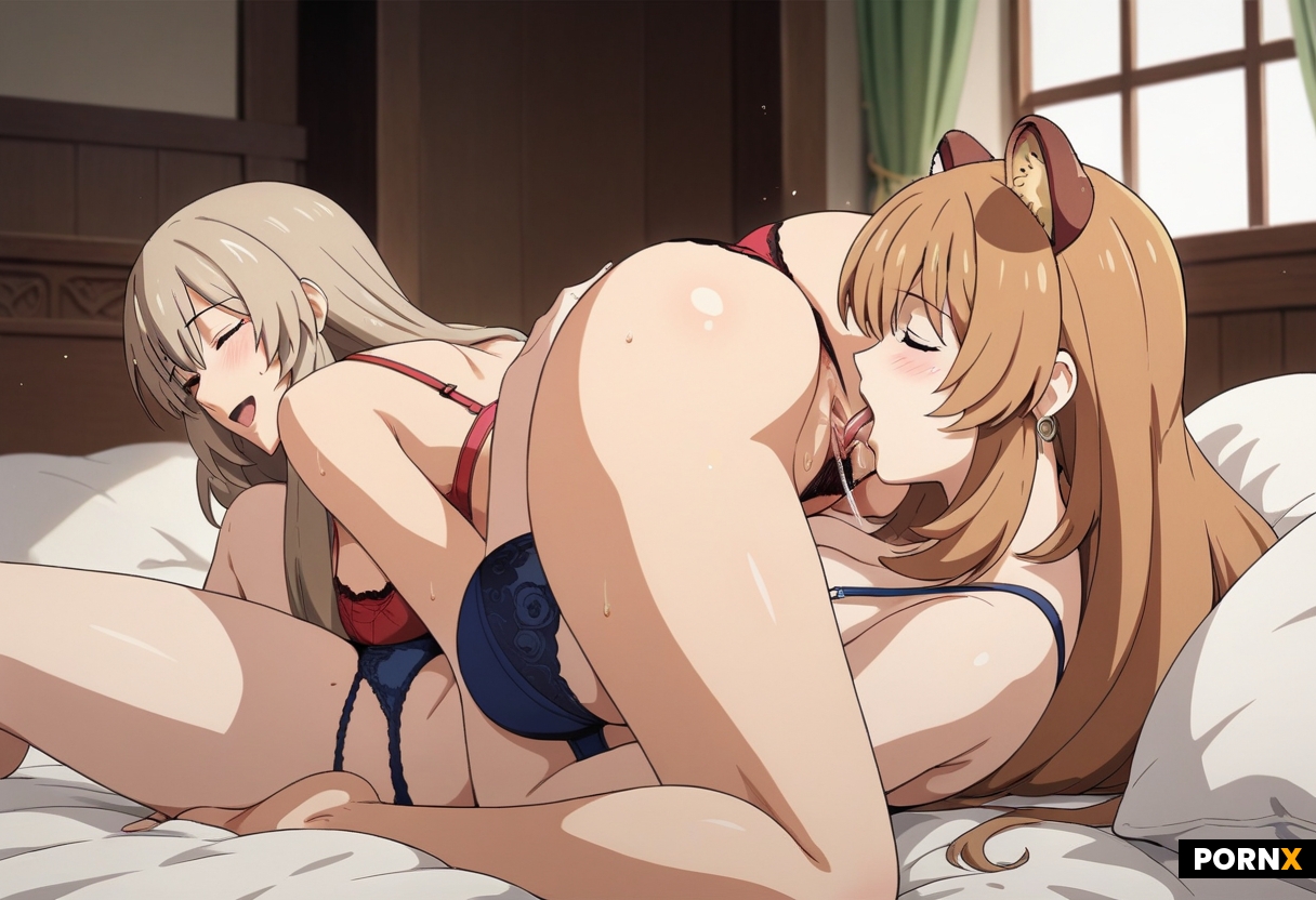 anime cute lesbian raphtalia girls and lesbian tsuki uzaki girls with golden brown skin