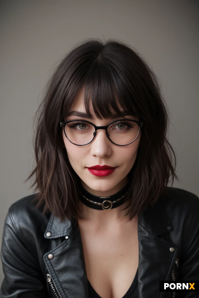 Face: Fair complexion with an oval shape.
Hair: Dark brown and straight, styled with deep side-swept bangs.
Eyes & Glasses: Dark eyes framed by thin, round, wire-rimmed glasses, sitting below slim, gently arched eyebrows.
Nose: Straight and slightly prominent.
Lips: Full, tinted with a deep dark-red lipstick, and settled into a subtle, relaxed smile.
Body: slim and slender build, lean, characterized by a narrow waist and long, delicate appearance
style and clothes: mix of Soft Grunge and Edgy Alternative (Geek Chic), black leather moto jacket, plaid shirt, tight black leather pants, choker, and dark color palette.