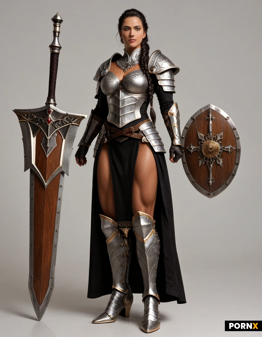 Adult female fantasy warrior character, tall and muscular with an elegant feminine silhouette and pronounced curves, athletic powerful physique, broad shoulders, strong legs and defined arms, confident and imposing presence.
Long black hair gathered into a thick single braid falling down her back, a few loose strands framing her face, sharp confident facial features, dark eyes, determined expression.
She wears ornate dark fantasy armor consisting of a fitted metal breastplate designed for a female warrior, reinforced shoulder guards, leather elements, armored gauntlets, fitted trousers and heavy metal armored boots. The armor is practical, battle-worn and functional while maintaining an elegant fantasy aesthetic.
She carries a large two-handed fantasy sword with a massive decorated blade, held naturally and confidently as an experienced swordswoman. A large heavy tower shield is strapped to her other arm, decorated with an ancient emblem.
Full-body character reference, standing pose, three-quarter view, entire character visible from head to boots, neutral fantasy background, detailed anatomy, realistic proportions, highly detailed face, detailed armor and weapons, cinematic fantasy illustration, dramatic but clean lighting, polished anime-inspired fantasy art, high detail, sharp focus, character design sheet aesthetic.