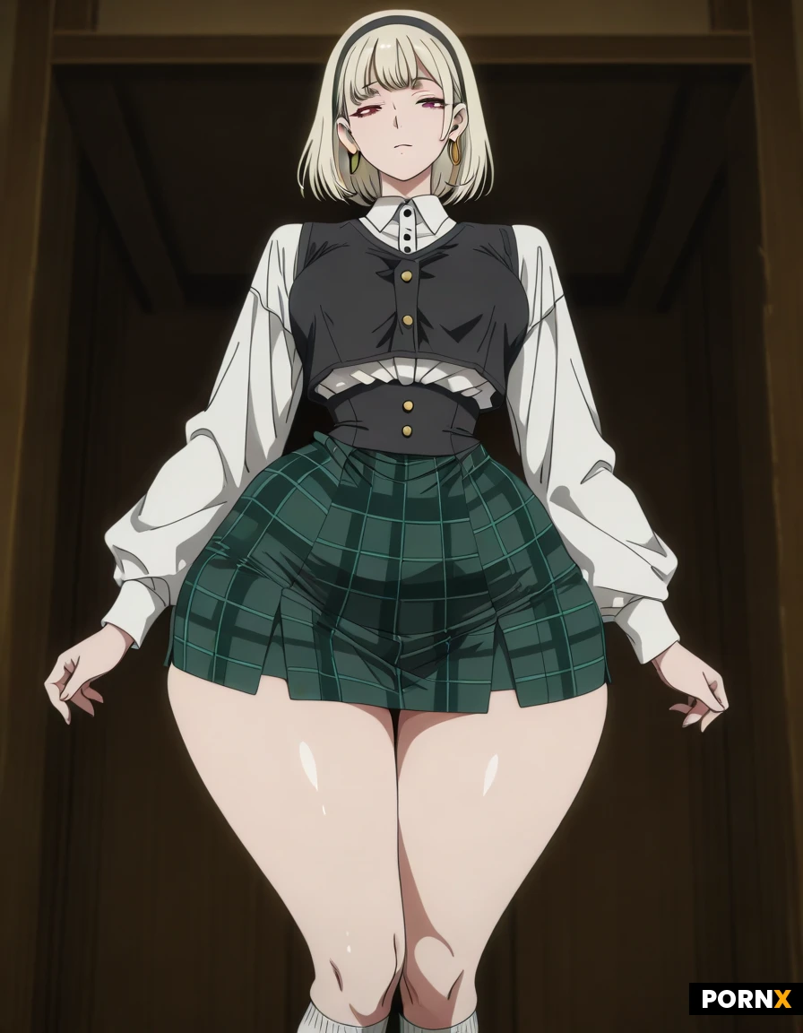 1998 setting. Cute thin youthful white woman. 19 years old. Short blonde hair. Hair band. Small waist. (Wide hips:2.0) cute youthful face. Hoop earrings. white long sleeve button shirt. Black vest. Short green plaid skirt. Long white socks. Black shoes.