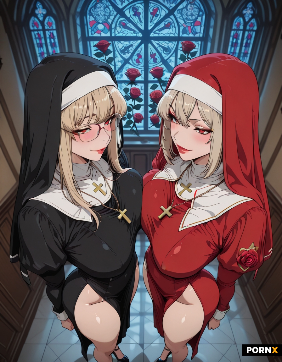 Two voluptuous adult women stand side-by-side in a frosty midnight chapel