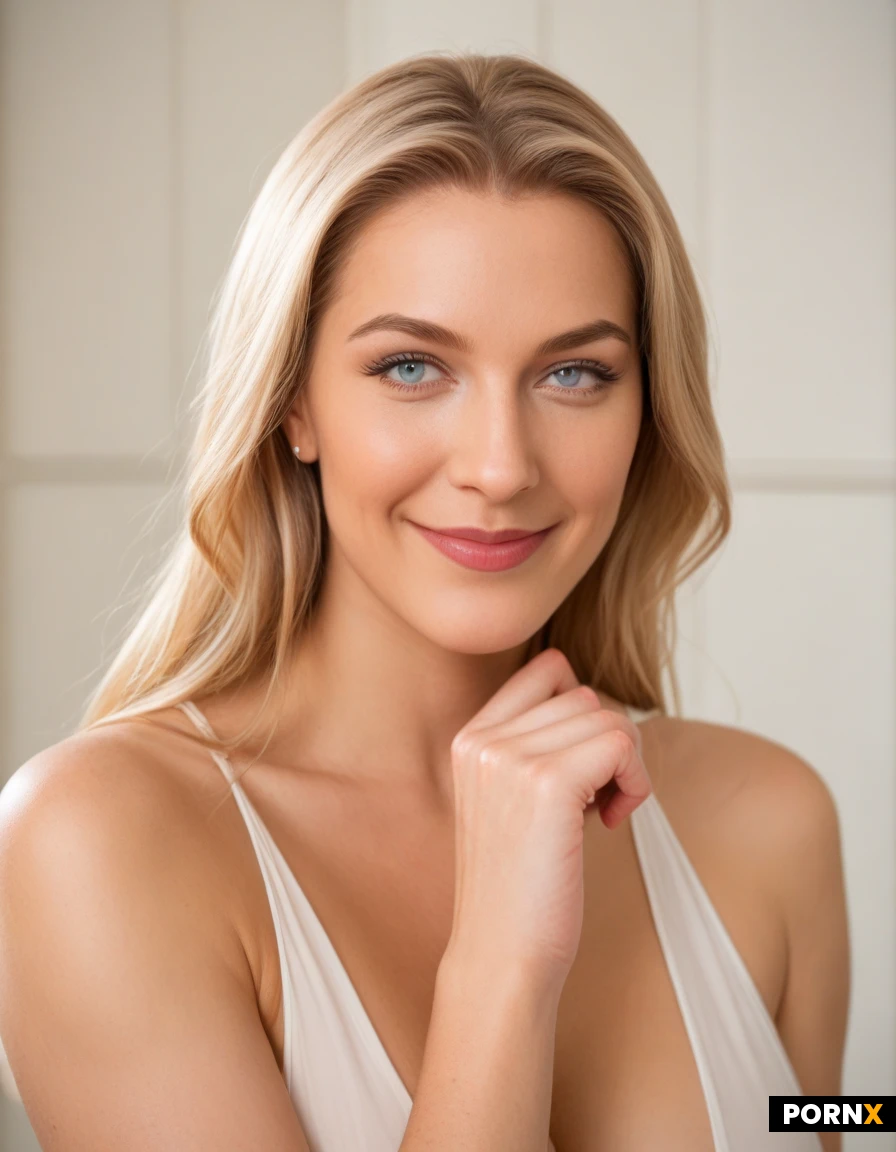 A full-body, photorealistic description of the Caucasian woman depicted, focusing purely on her physical form and features without clothing or environment. Head and Face: She possesses an oval-shaped face with warm, light-medium skin that has a smooth, dewy texture and subtle golden undertones. Her light blue eyes are almond-shaped with clear white sclera and defined, dark eyelashes. They are framed by well-shaped, medium-brown eyebrows with a soft, natural arch. Her nose is straight with a slightly rounded tip. Her lips are naturally pink with a defined Cupid's bow and a balanced fullness, showing a gentle, symmetric smile. Subtle skin details like fine pores, faint laugh lines at the corners of her eyes and mouth, and natural skin variations are present, not airbrushed. Hair: Her hair is thick and dimensional, styled in voluminous, cascading waves that fall over her shoulders and reach her mid-back. The color is a sophisticated blend of dimensional honey-blonde with darker roots, featuring prominent bright platinum money-piece highlights that frame her face and brighter, sun-kissed blonde tones integrated throughout the length. Body from shoulders to toes: Her neck is slender and well-proportioned, leading to balanced shoulders. She has natural, clean shoulder joints. Her arms are slender and show a natural, healthy tone, extending down to detailed hands with slender fingers and neatly trimmed, natural fingernails. Her torso shows a healthy, natural definition with subtle muscle tone. Her posture is relaxed and upright, with shoulders back. From the torso, her figure is athletic with a defined waist and natural hips. Her legs are slender and well-proport
