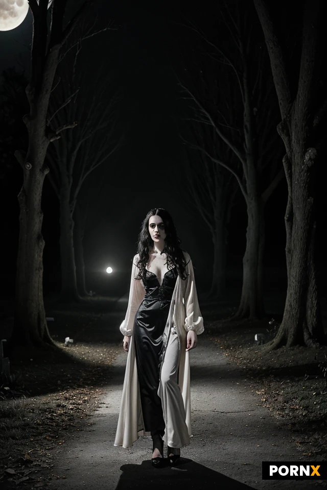 Prompt: A stunning classic cinematic still of a Gothic vampire down a cobblestone path through a creepy, fog-drenched gothic cemetery at night. She has pale skin, iconic jet-black and white-streaked hair styled in her classic 1960s upswept coiffure, and a flowing, lightweight vintage floor-length gown with long draped sleeves. Moody monochromatic aesthetic styled like vintage classic horror television, heavy rolling fog creeping across weathered stone crypts, gnarled withered trees with Spanish moss in the dark, bats flying across the sky. Illuminated by the eerie, bright glow of a full moon high above, casting dramatic shadows and deep contrast. Masterpiece, highly detailed, atmospheric, 8k.