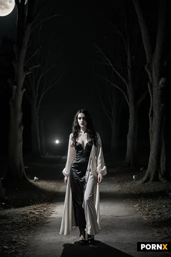 Prompt: A stunning classic cinematic still of a Gothic vampire down a cobblestone path through a cre