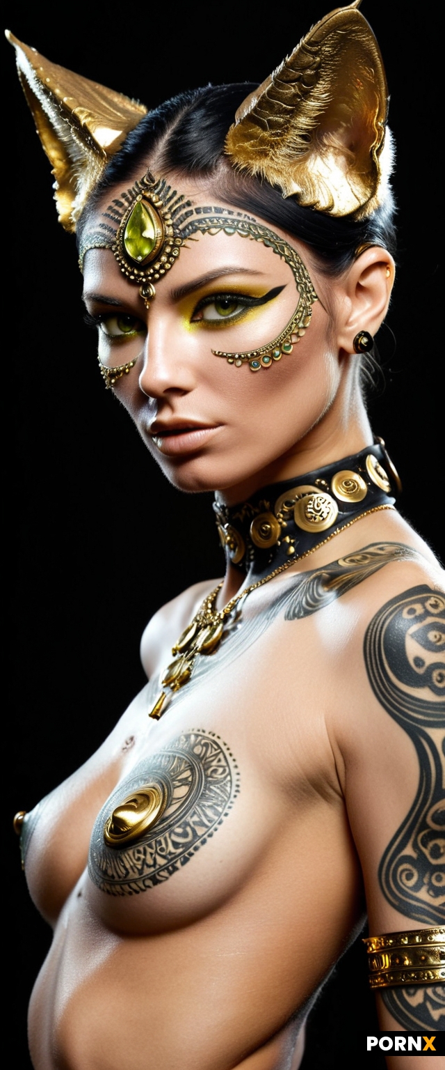 A surreal and captivating portrait of a humanoid feline figure with mesmerizing