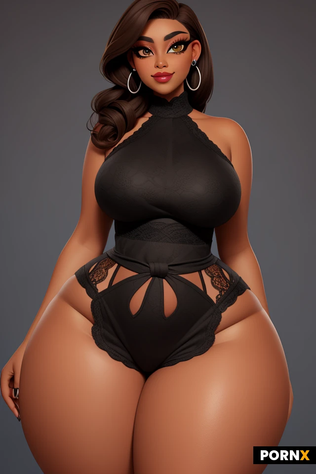 woman, dark skin, light brown hair, lots of makeup, (thick black eyeliner:1.15), (eye shadow:1.15), thick lips, earrings, (curvy:1.5), (thick:1.45), (thick thighs:1.425), (wide hips:1.5), (narrow waist:1.475), lipstick, (large eyes:1.1), (amber eyes:1.1), lace dress, smirk, portrait