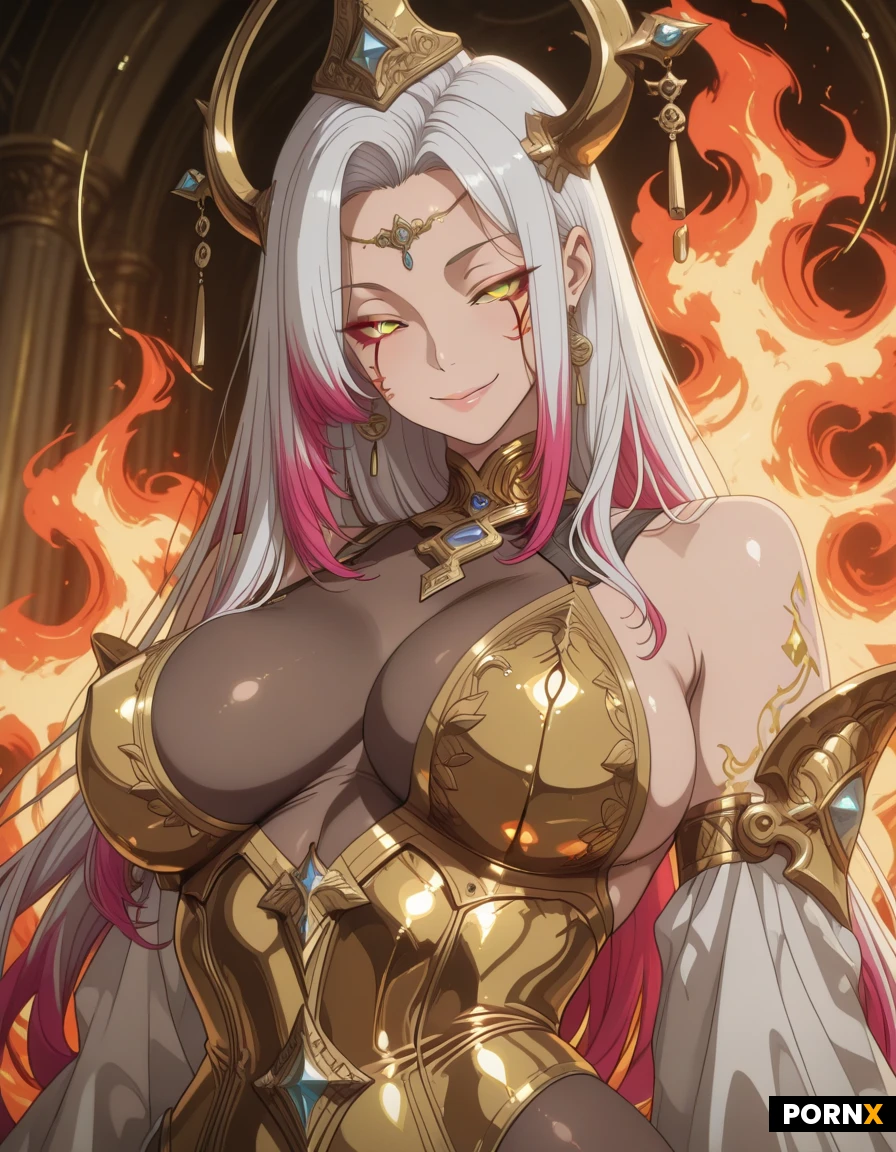 sharp focus, fine details, 8k, dynamic lighting, dynamic composition, dynamic color grading, cinematic shot, photo of A cinematic, 8k close-up of a divine Goddess of Sensuality, huge enormus tits, her skin glowing with a celestial radiance. She wears skin-tight, sculpted gold armor that clings to her dreamlike, curvaceous silhouette, featuring a daringly deep plunge that accentuates her ample bust. Her face is adorned with intricate, golden paint that streaks across her cheeks and brow, contrasting with a playful, seductive smile. Her piercing yellow eyes glow with an inner supernatural fire, piercing through the frame. She is draped in translucent, flowing silks of saffron and gold that billow around her, with sleeves intricately woven in metallic gold thread, creating a masterpiece of opulent, divine eroticism.