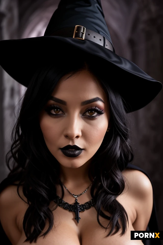20yo african american Woman, high cheeckbones, yellow eyes, regal model pose, gothic dark fantasy atmosphere, busty lips, dark lipstick, closeup, huge natural breasts, witch cosplay blowjob