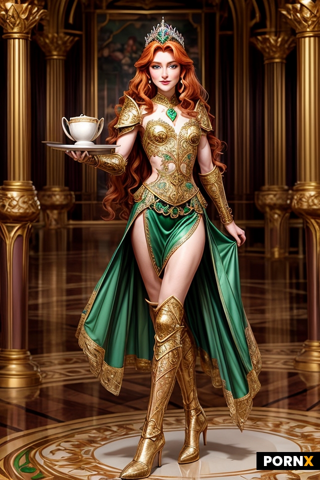 Full body image of a beautiful Irish princess with a small nose and sparkling emerald eyes